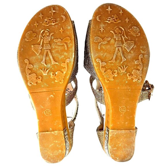 Zapatos De Mujer Gold Glitter Rhinestone Peep Toe Buckle Flat Wedge Sandals US 9 - Picture 9 of 9